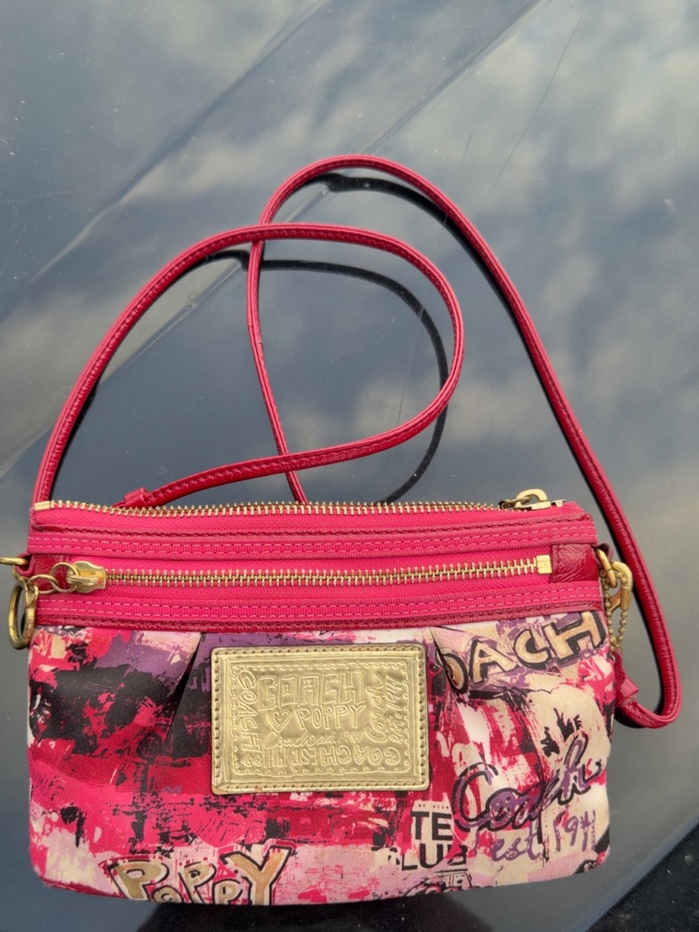 Coach Poppy Pink Graffiti Print Crossbody Bag Gold Plaque